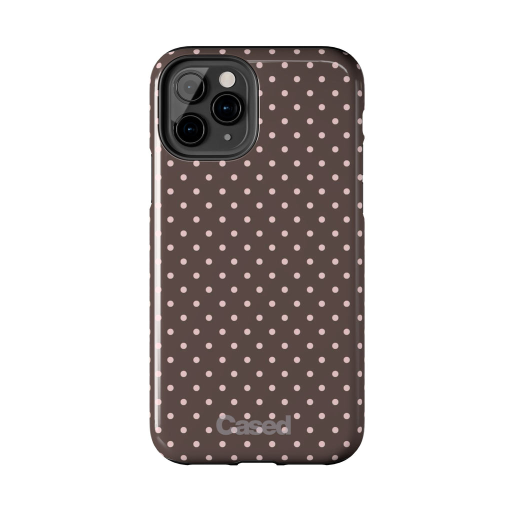 Tough Phone Case — Chocolate Brown with Pale Pink Polka Dots