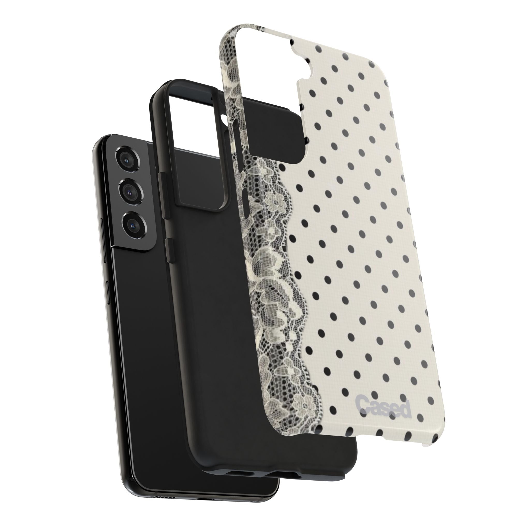 Polka Dot Lace Tough Phone Case – Vintage Black & Ivory Protective Cover