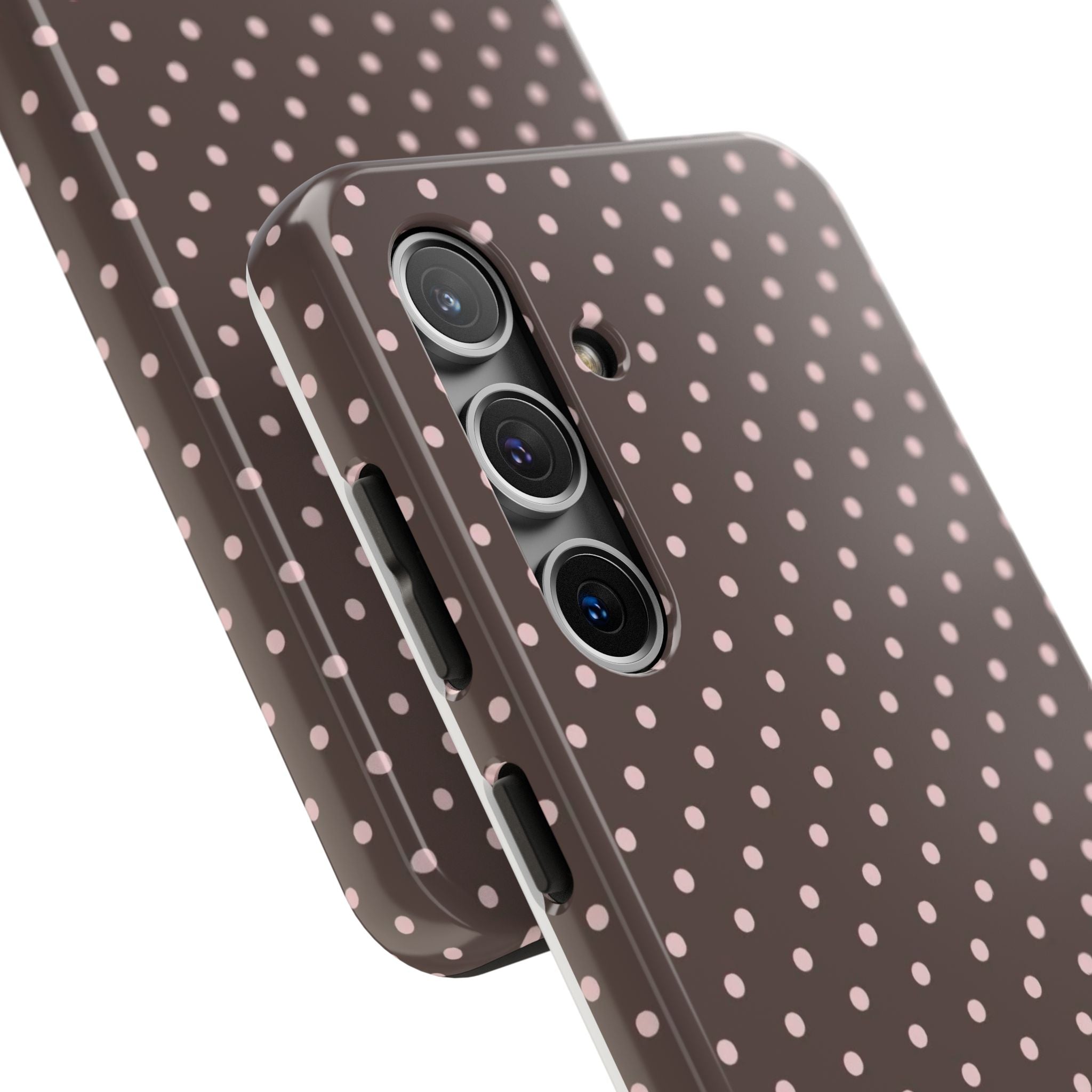 Tough Phone Case — Chocolate Brown with Pale Pink Polka Dots