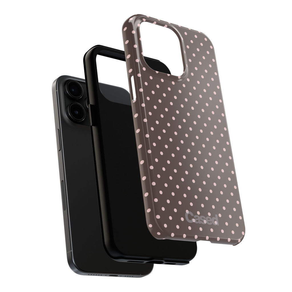Tough Phone Case — Chocolate Brown with Pale Pink Polka Dots
