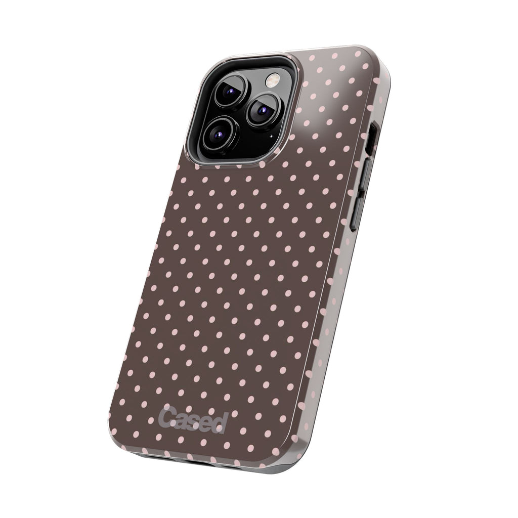 Tough Phone Case — Chocolate Brown with Pale Pink Polka Dots