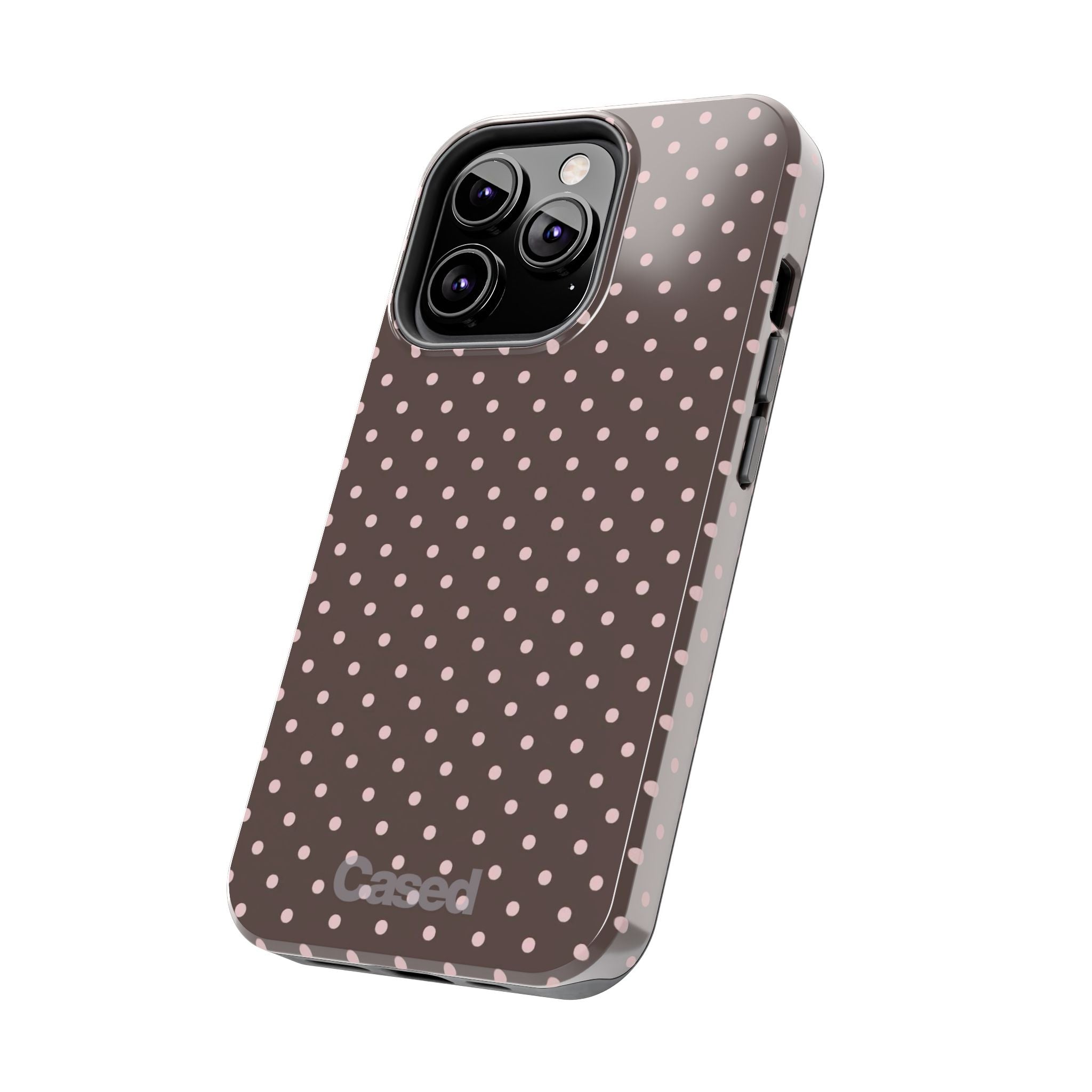 Tough Phone Case — Chocolate Brown with Pale Pink Polka Dots
