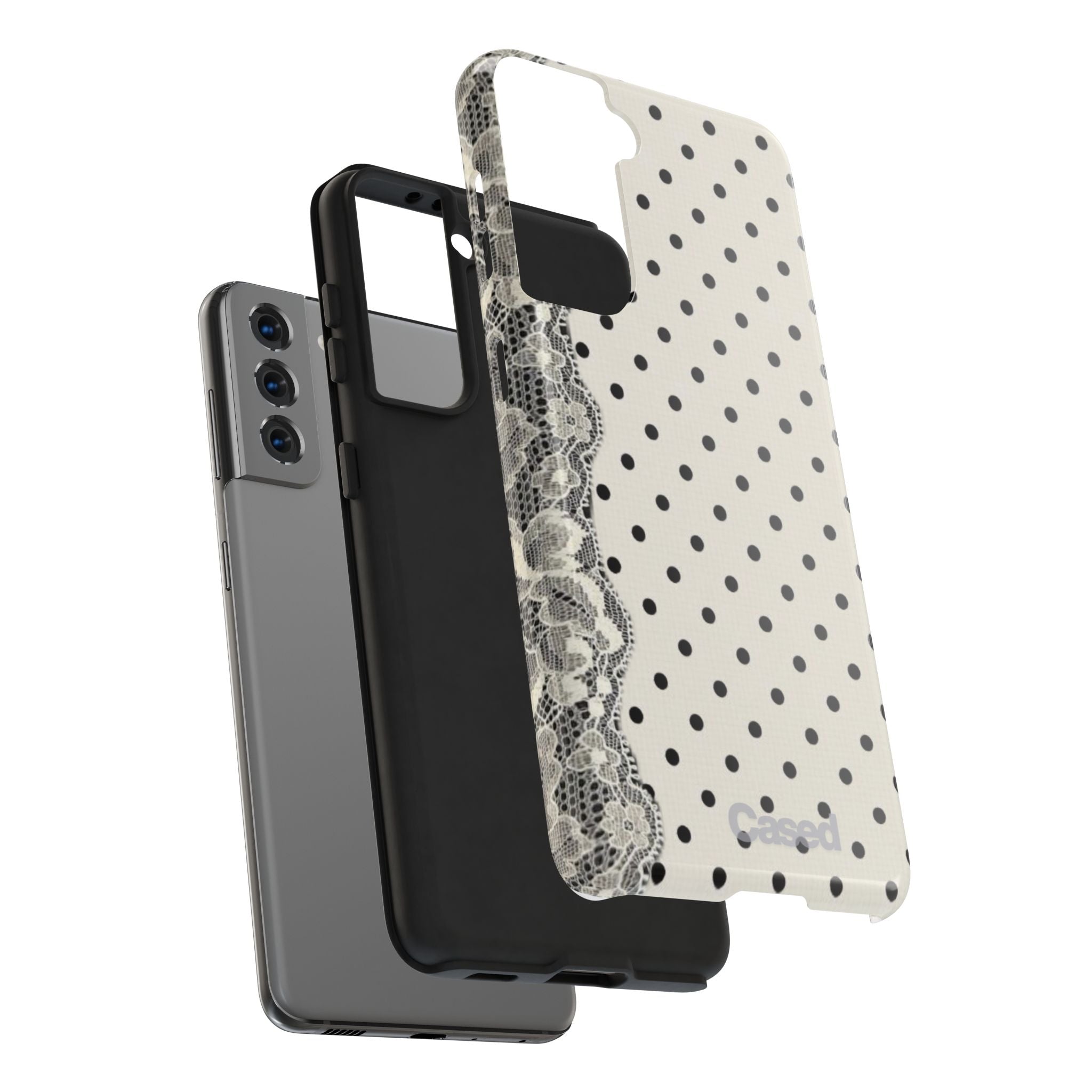 Polka Dot Lace Tough Phone Case – Vintage Black & Ivory Protective Cover