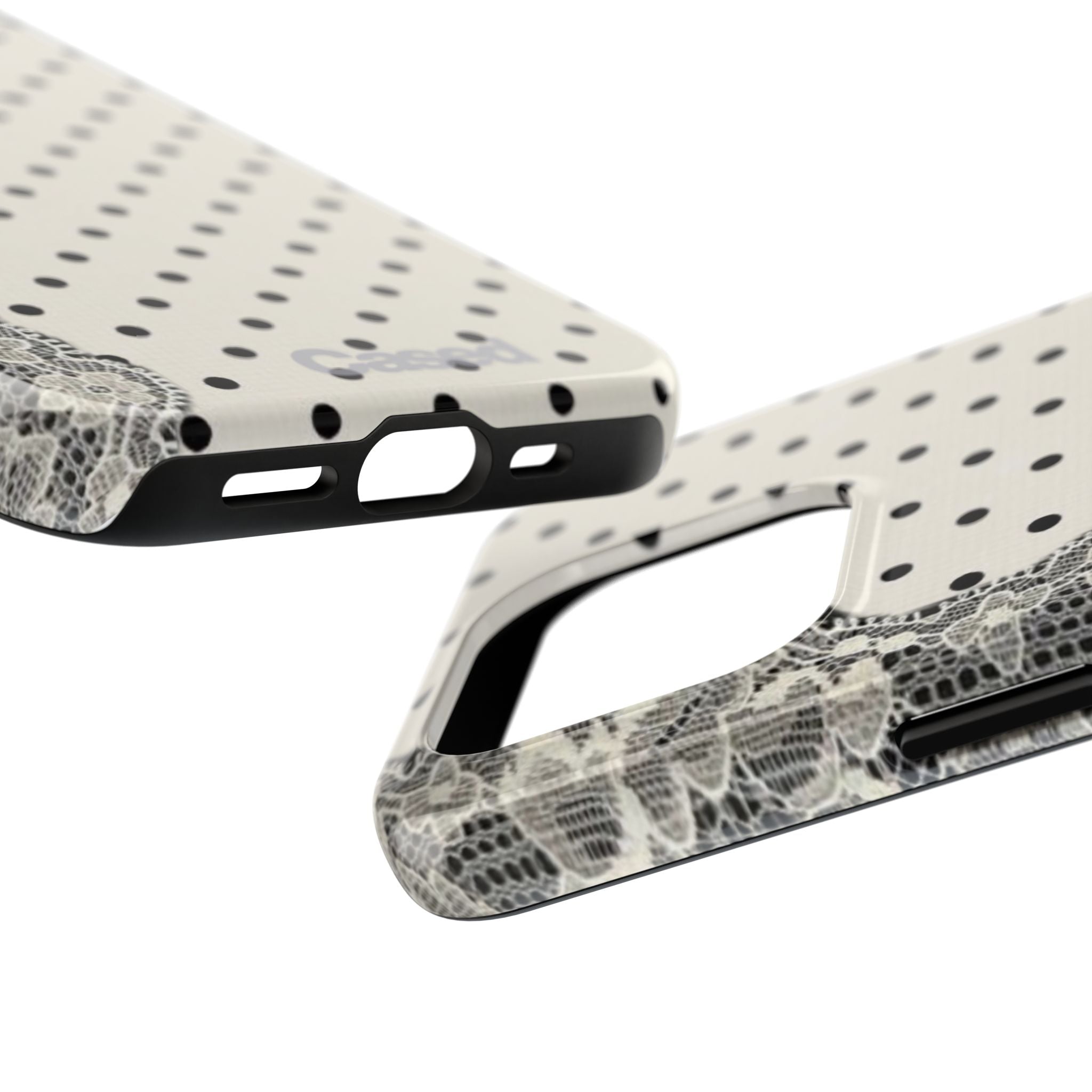 Polka Dot Lace Tough Phone Case – Vintage Black & Ivory Protective Cover
