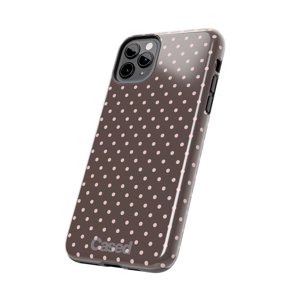 Tough Phone Case — Chocolate Brown with Pale Pink Polka Dots