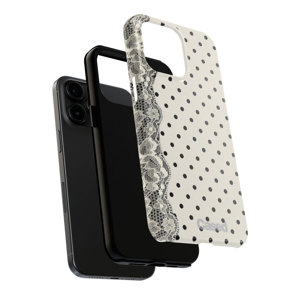 Polka Dot Lace Tough Phone Case – Vintage Black & Ivory Protective Cover