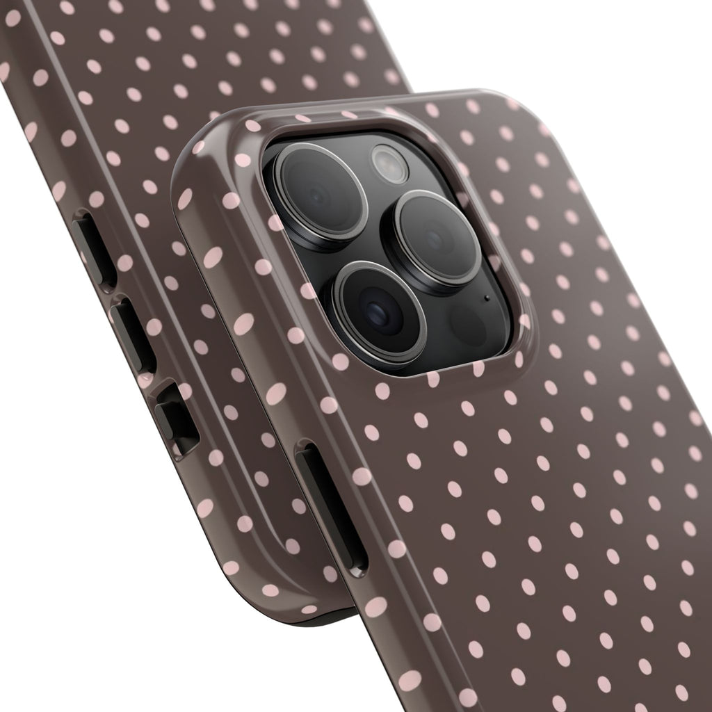 Tough Phone Case — Chocolate Brown with Pale Pink Polka Dots